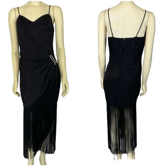 Vintage Dave & Johnny faux wrap fringed flapper dress gathered to side small - Picture 1 of 12